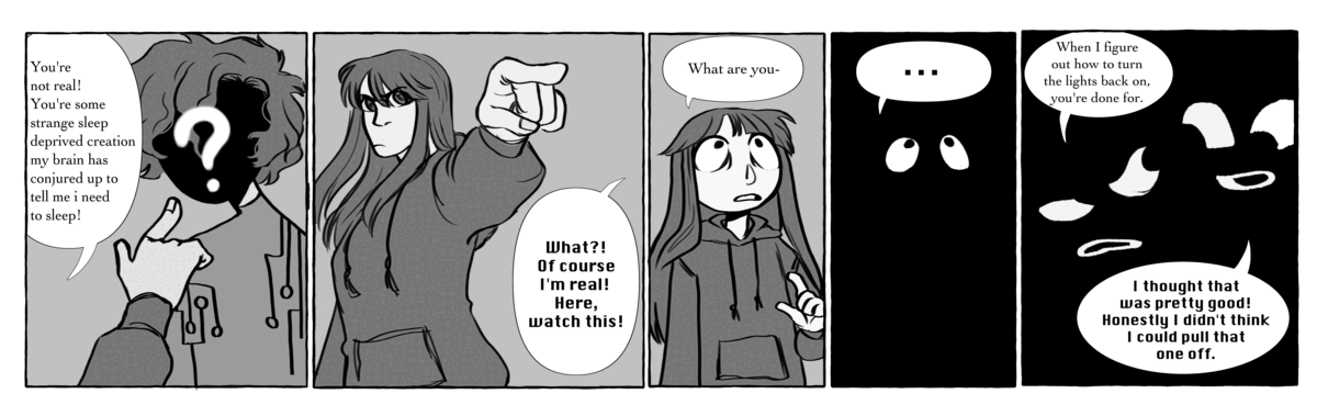 Snippet from a short comic about a videogame developer and her newly sentient virus